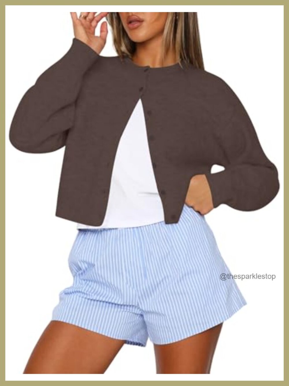 Cropped Cardigan Sweater Button Up Crew Neck Long Sleeve Lightweight Knit